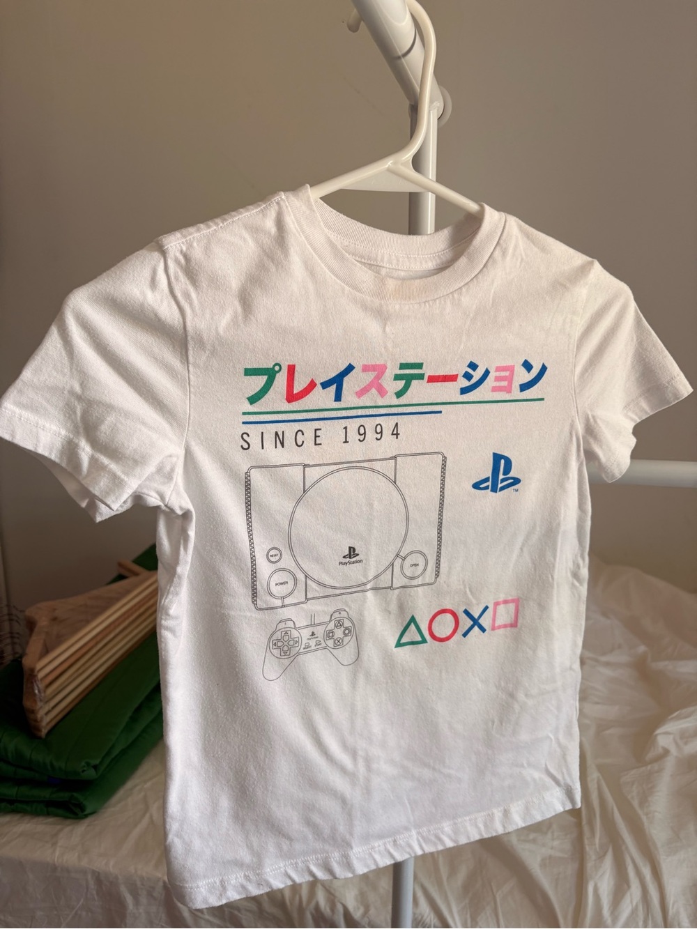 Sony White Kids Tee with Retro PlayStation Console Graphic and Rainbow Accents